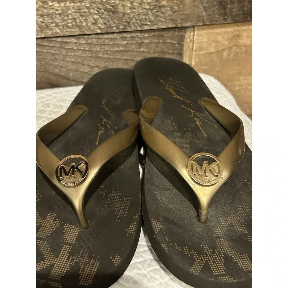 Michael Kors Womens PVC Eva Sole Gold Black Flip Flops Sandals‎ Size 11